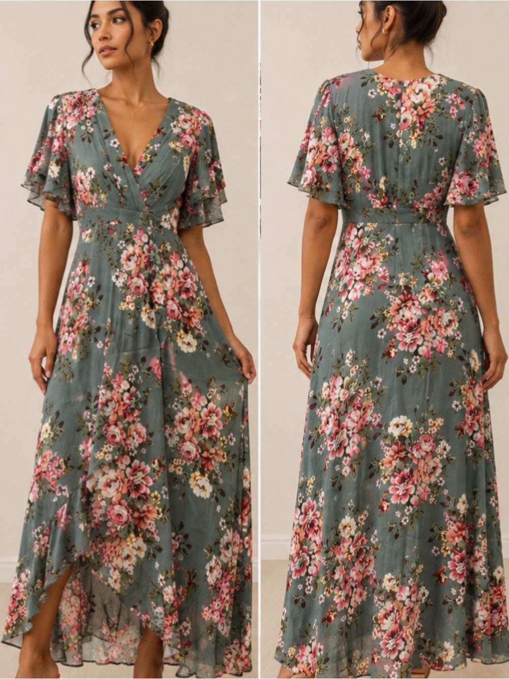 Floral Wrap Maxi Dress in Sage with Pink Blooms
